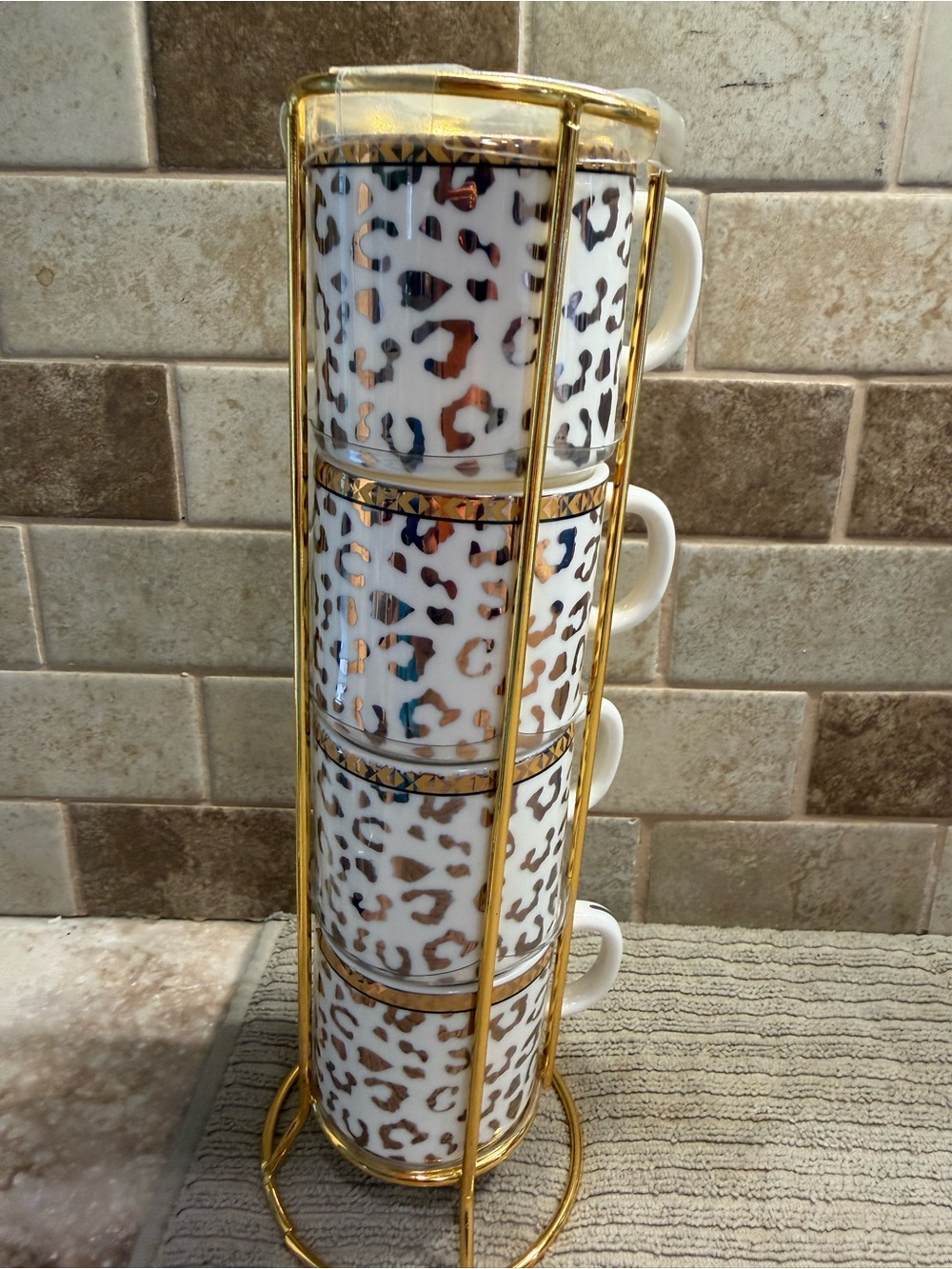 Grace Teaware Gold-Trim White Leopard Print Stackable Espresso Mugs Set